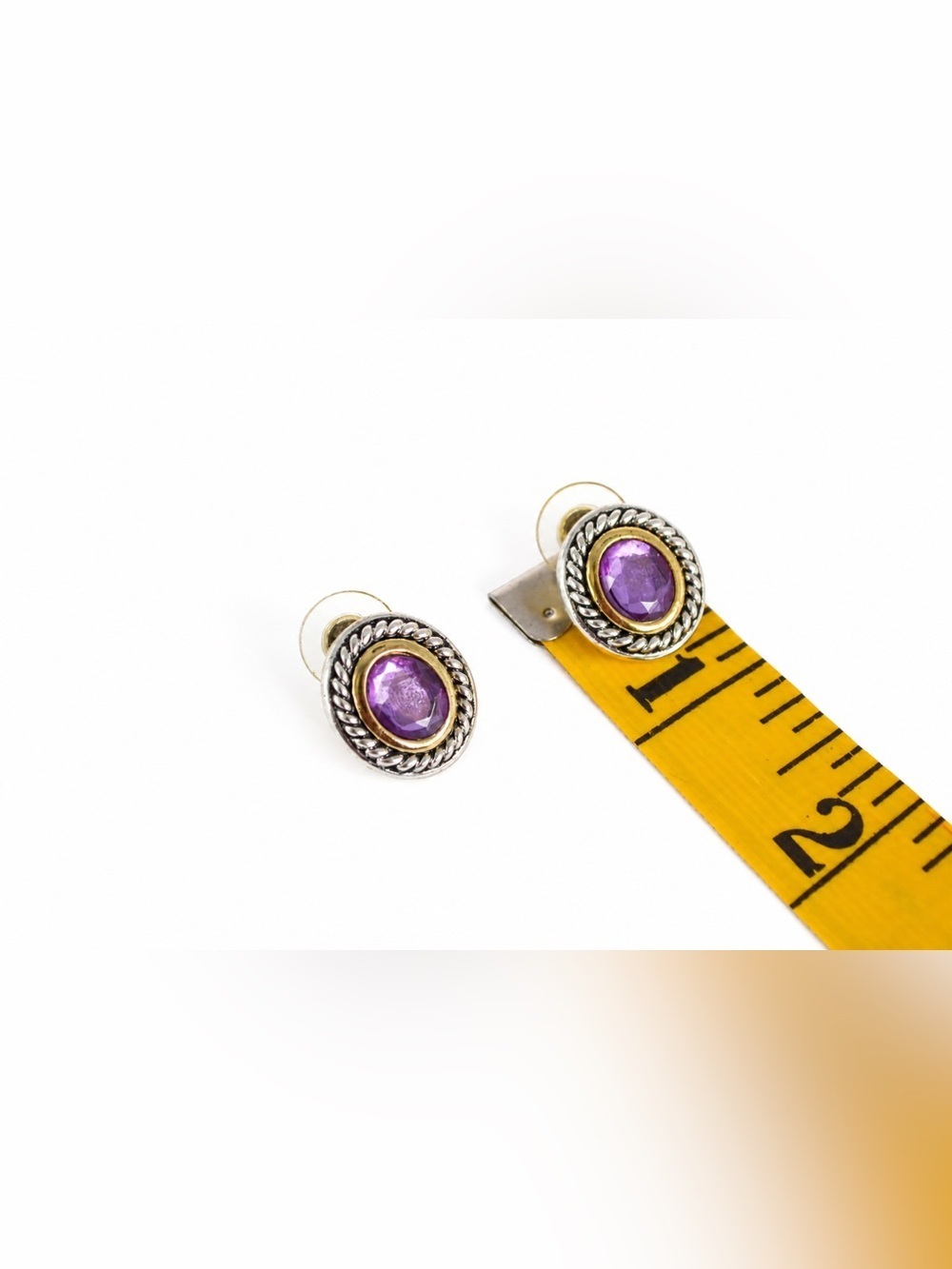 1990s pierced earrings like new Faux amethyst silver-tone frame gold-tone bezel - Picture 2 of 3